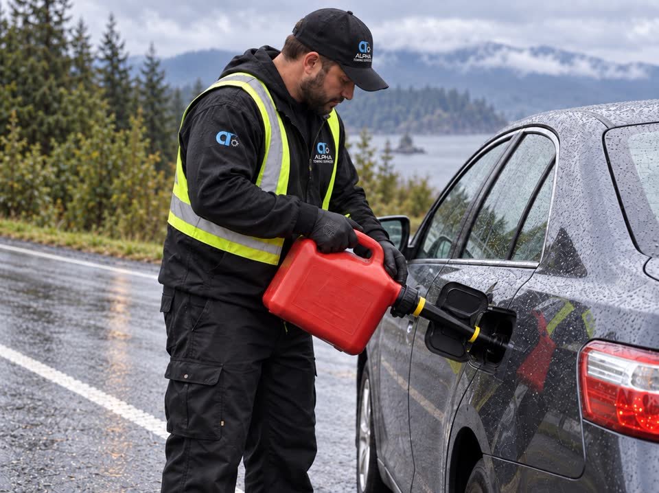 Alpha technician safely delivering emergency fuel to a car