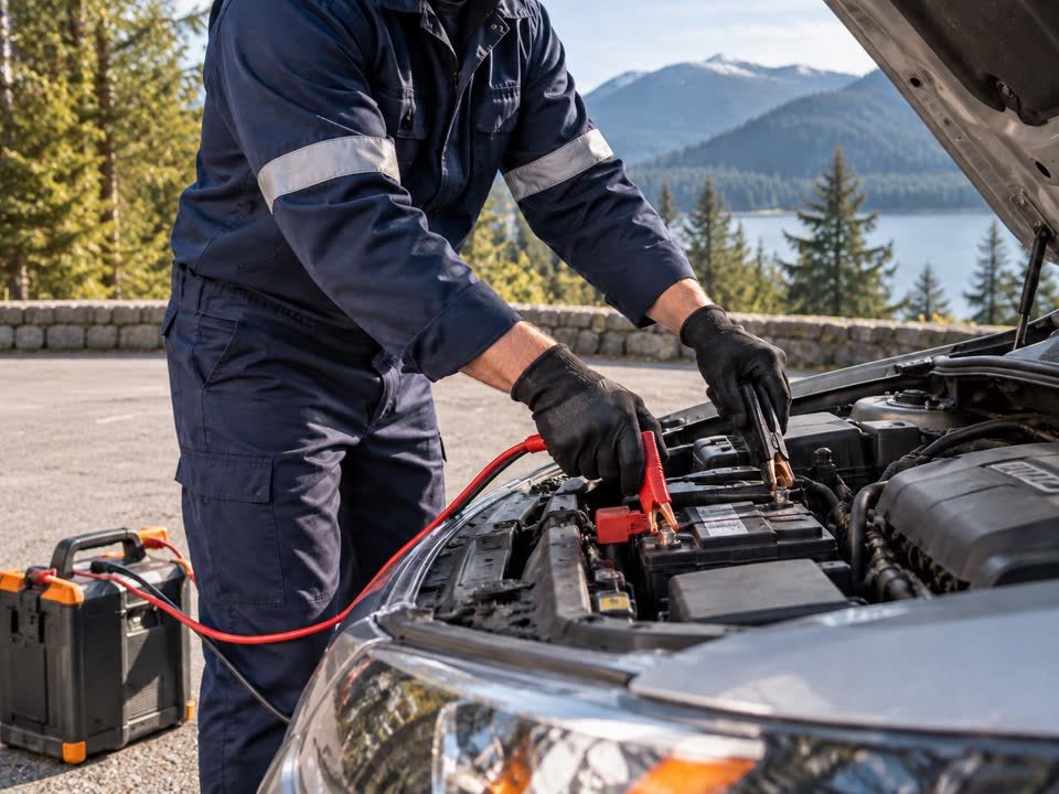 Technician helping with a dead vehicle battery