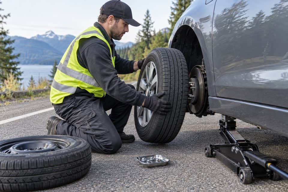 Technician aligning a replacement wheel with a vehicle hub