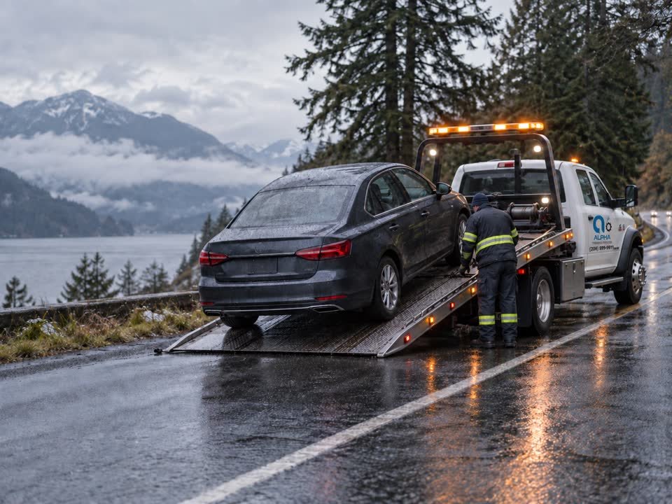 Branded white heavy-duty rollback truck loading a vehicle on a wet Washington road