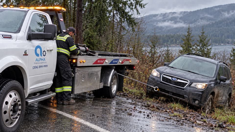 Branded white rollback truck recovering a vehicle with a steel winch cable